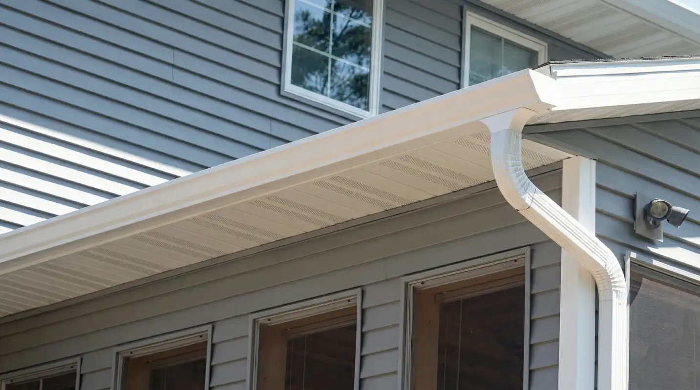 Professional home remodeling project showing newly installed white seamless gutters and downspouts on a house with gray siding in Glendale, AZ