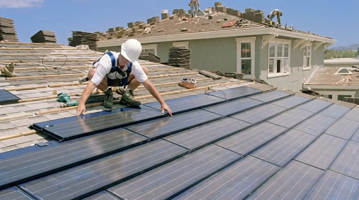 Roof replacement expert installing modern solar shingles on a residential home in Glendale, AZ