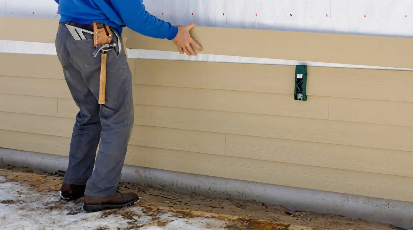 Siding replacement expert carefully aligning a new tan siding panel onto a residential exterior wall in Glendale, AZ