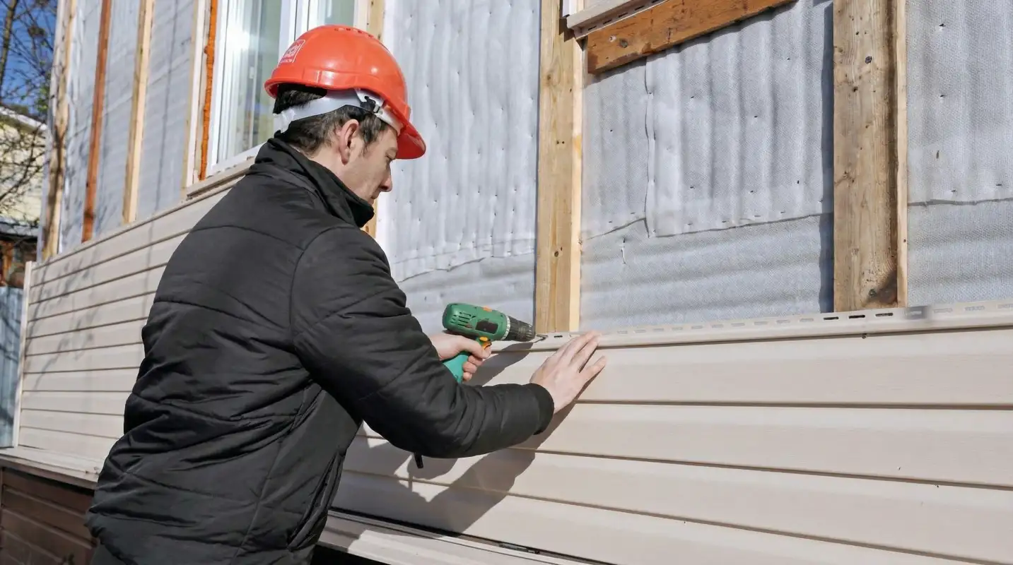 Siding replacement professional using a power drill to install new tan vinyl siding on a home exterior in Glendale, AZ