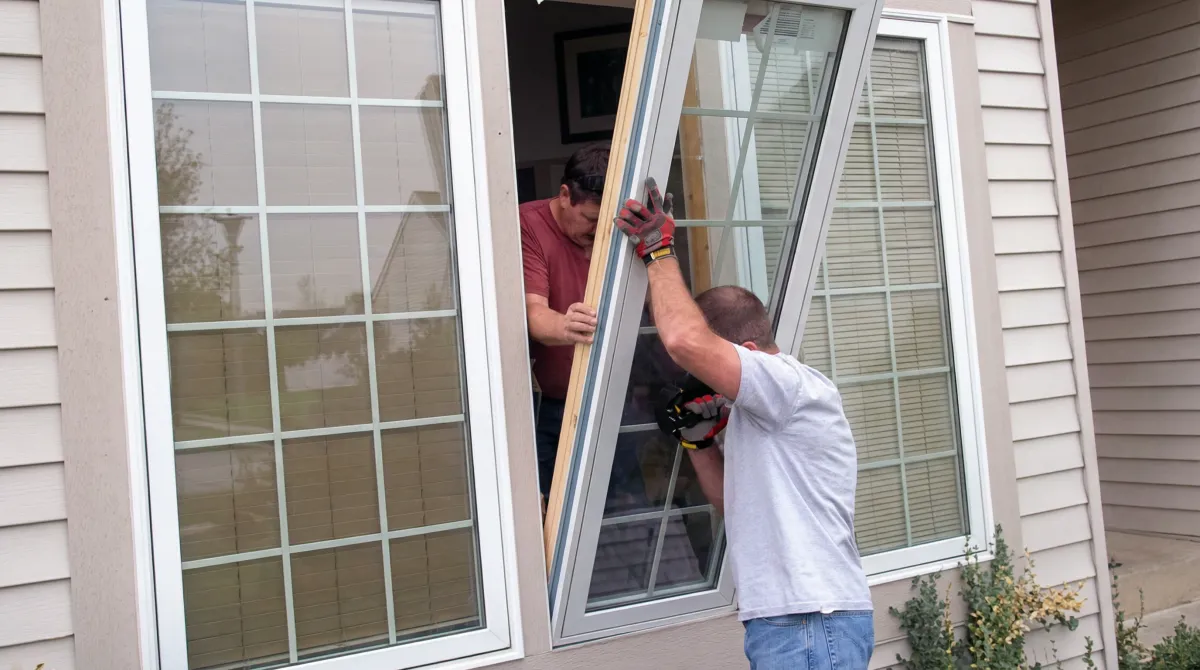 Professional home remodeling team installing a large replacement window on a house with tan siding in Glendale, AZ