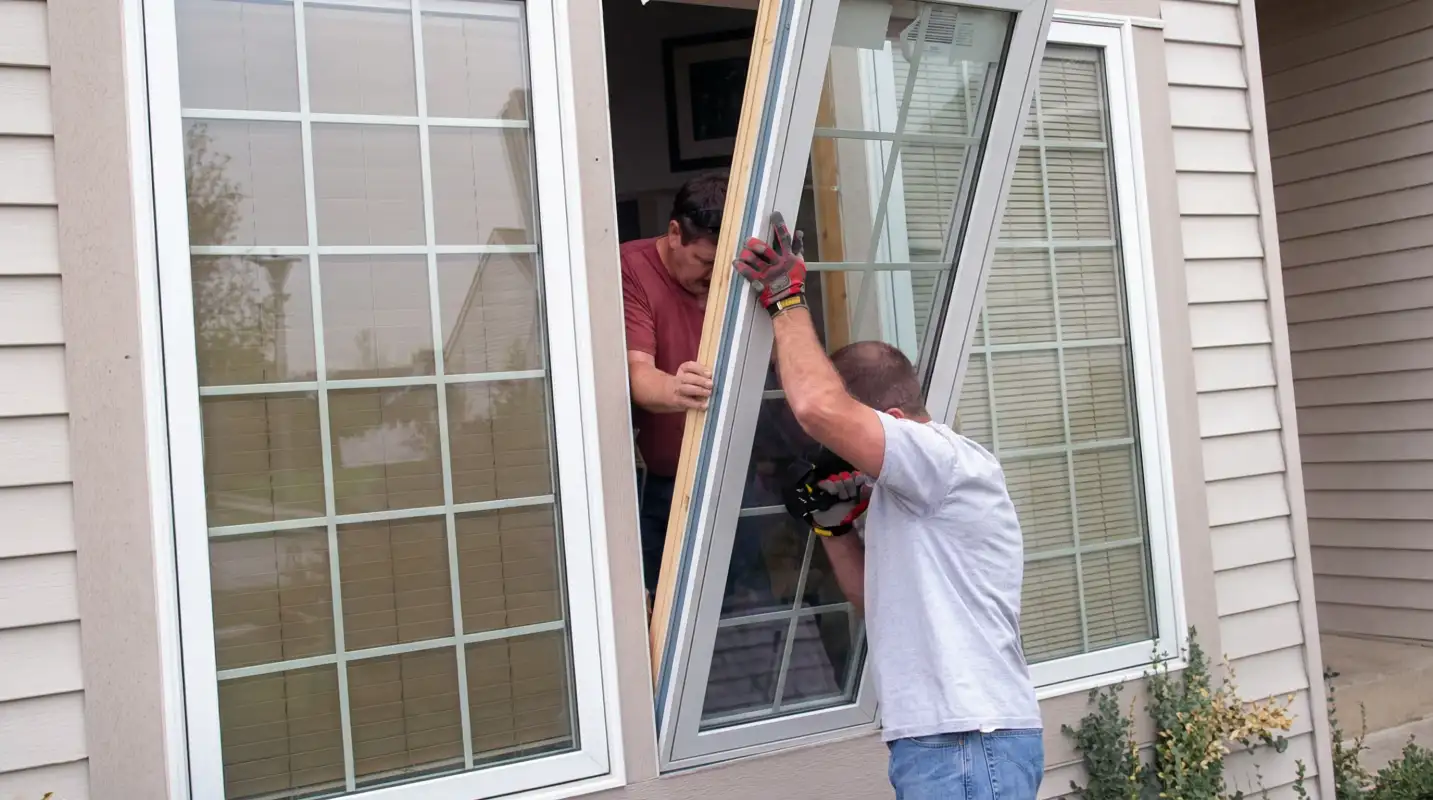 Professional home remodeling team installing a large replacement window on a house with tan siding in Glendale, AZ
